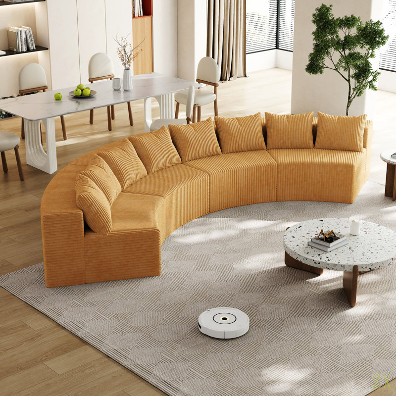 Canapé modulaire incurvé avec 8 coussins Corduroy, Velours côtelé jaune