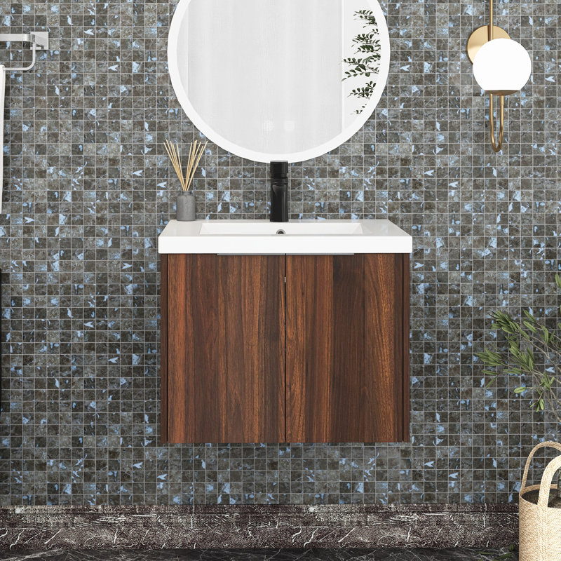 Meuble-lavabo mural simple 24 po avec plateau en résine Meaha, Noyer de Californie