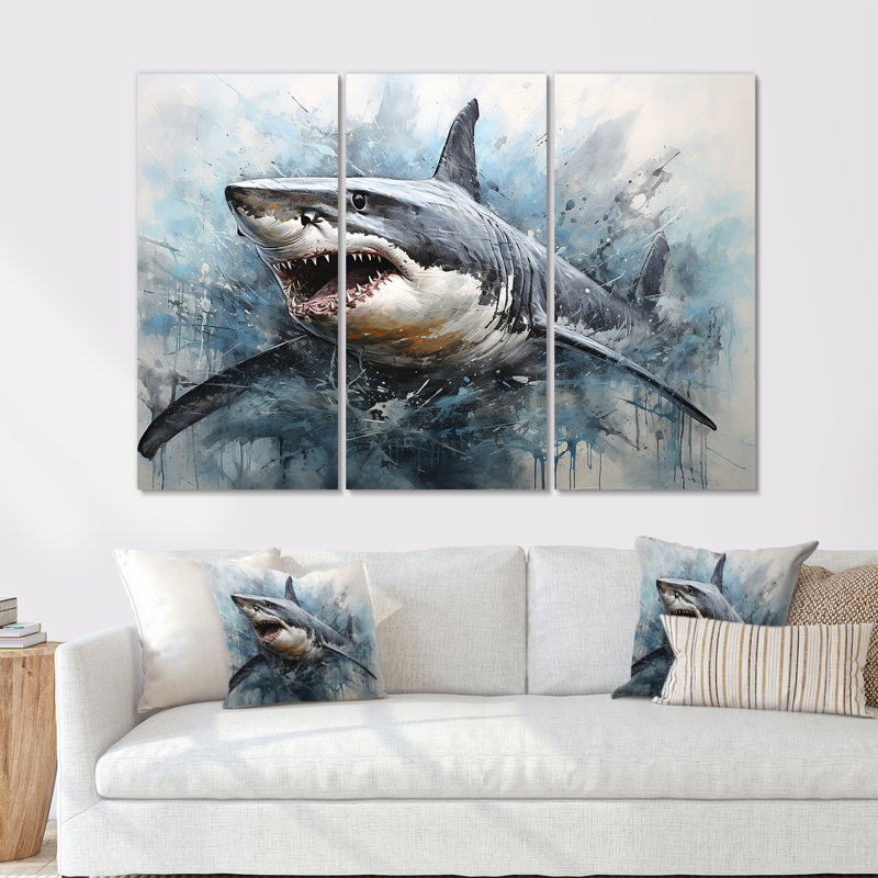 Minimalism Blue Shark Painting - Shark Canvas Wall Art Set, 32" H x 48" W