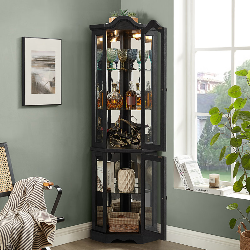 Vitrine de coin lumineuse avec portes et tablettes en verre trempé, Noir