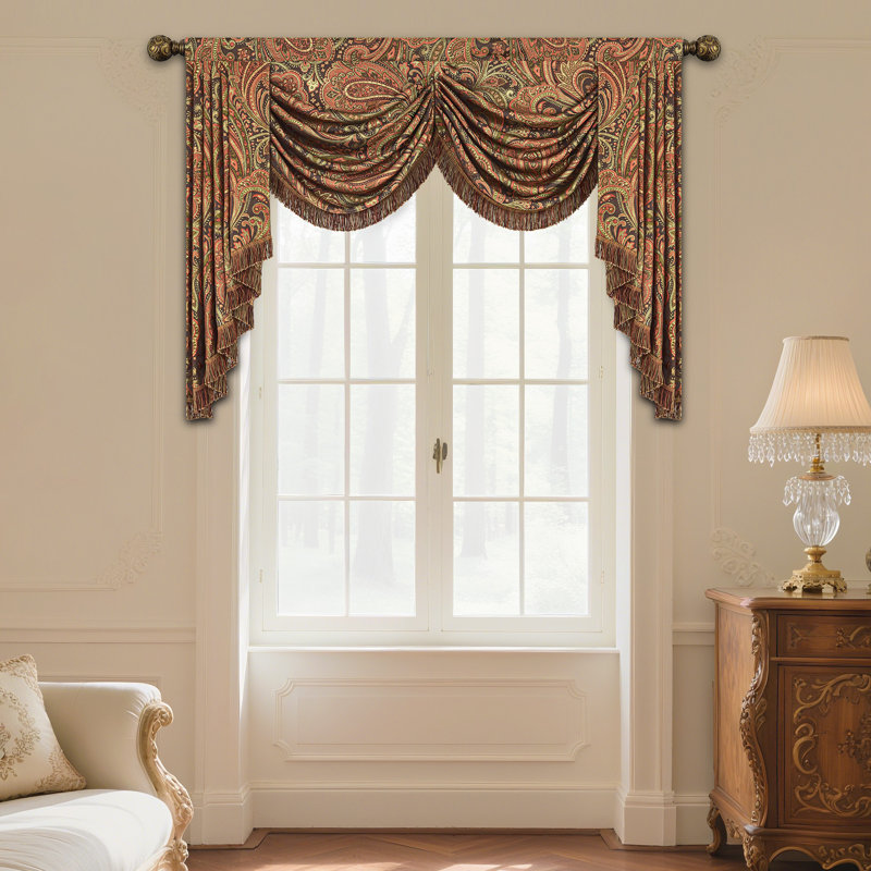 Cantonnière à motif cachemire avec pompons, cantonnière en jacquard cascade classique, habillage de fenêtre 1 panneau