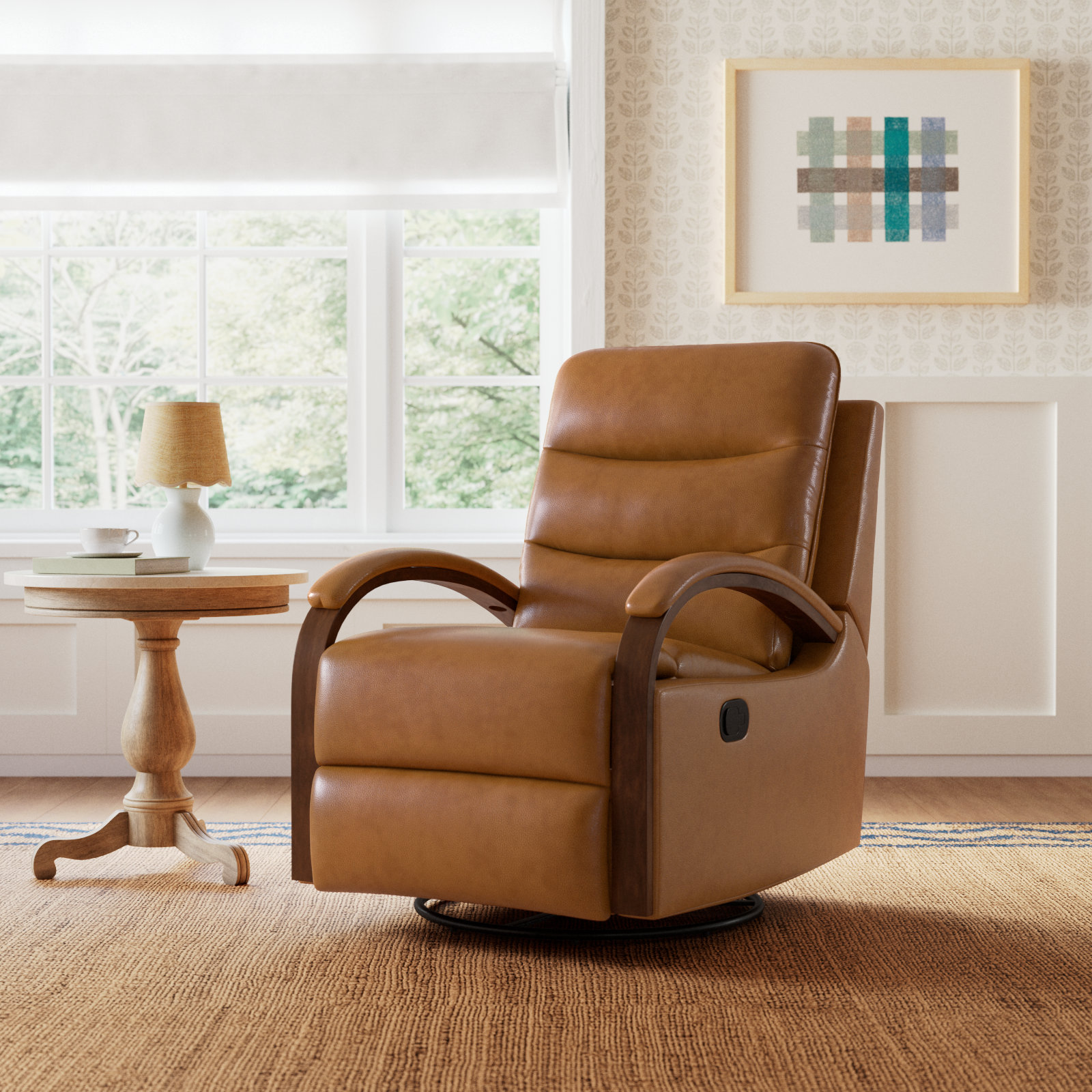 Azilda 29" Wide Genuine Leather Manual Swivel Rocking Standard Recliner, Camel Pebbled Top Grain Leather