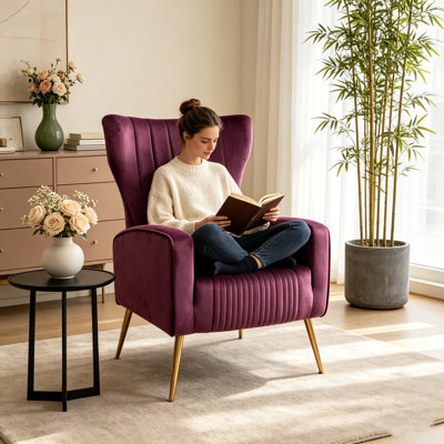 Fauteuil à oreilles en velours mauve avec pieds en métal, fauteuil rembourré moderne à haut dossier, fauteuil d'appoint élégant pour petits espaces de salon