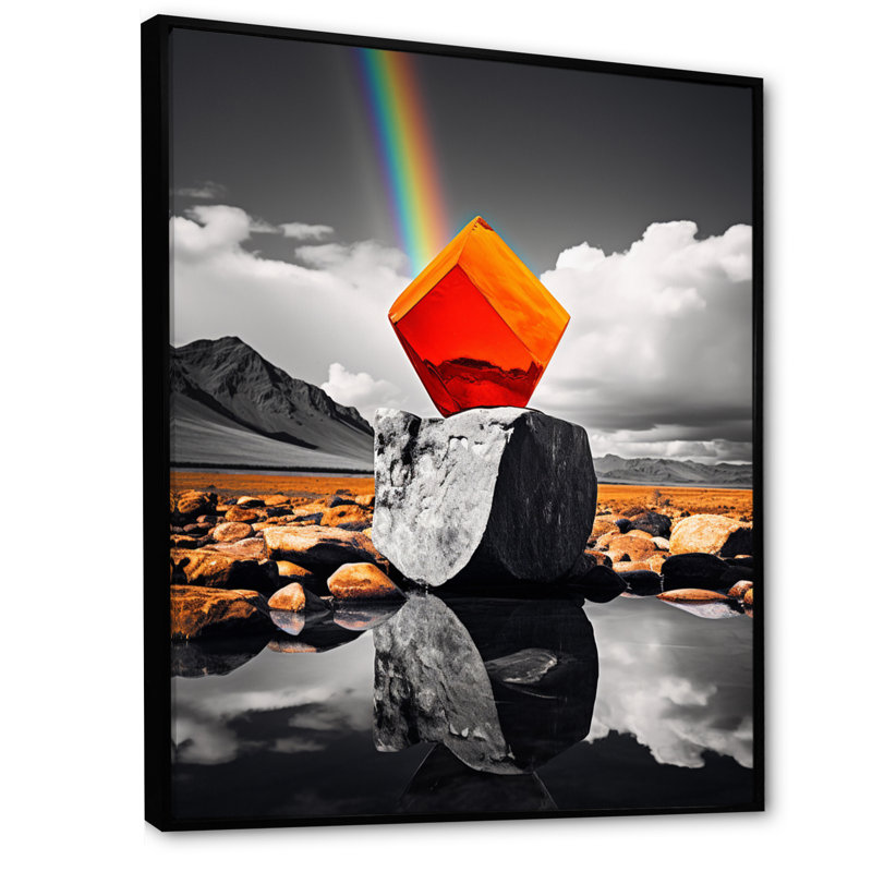 Paysage monochromatique et prisme orange - reproduction sur toile, H 20 po x l 12 po x P 1 po, Cadre flottant noir
