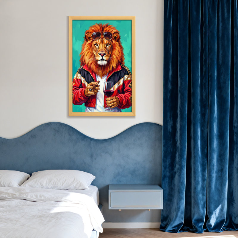 Animaux, lion avec lunettes de soleil tenant un verre à vin, H 20 po x l 30 po