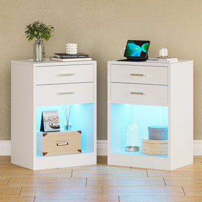 Led Nightstands Set Of 2,nightstand With Charging Station, Bedside Table With Power Outlets And Drawer