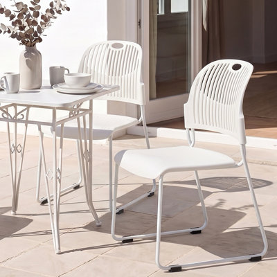 Fully Assembled Plastic Armless Stackable Patio Dining Chairs, Stacking Chairs With Metal Frame,  Balcony Side Chairs for Indoor & Outdoor Use