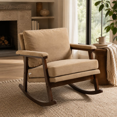 Chaise berçante moderne en bois de style médiéval de 27,5 po x 25,2 po x 34,6 po avec accoudoirs rembourrés - convient au salon, à la chambre à coucher, au solarium et à la lecture.