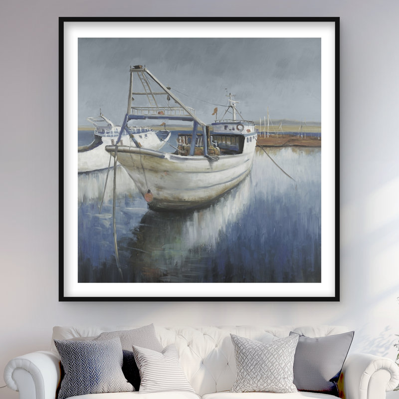 Bateau de pêche bleu - décor de bord de mer mat encadré, H 48 po x l 48 po, Noir