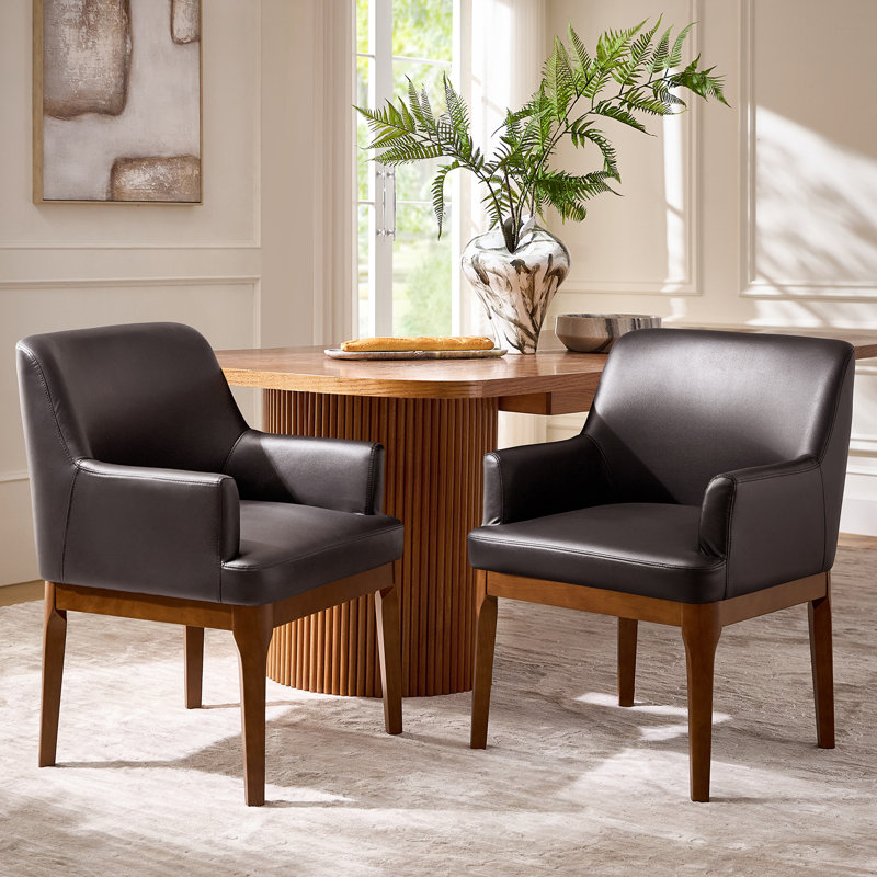 Stanley 24.5"W Mid-Century Modern Leather Dining Chair with Solid Wood Legs (Set of 2), Brown