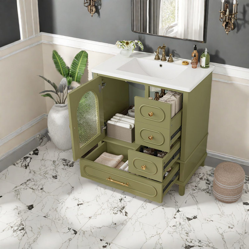 Meuble-lavabo compact en bois vert avec lavabo, solution de rangement moderne