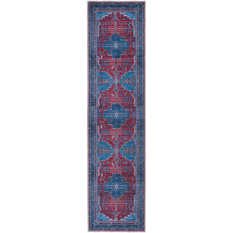 Tapis oriental rouge / bleu Guthridge, Tapis de couloir 2 pi x 7 pi 10 po