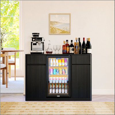 53'' Fluted Bar Cabinet with Fridge Space, Modern Coffee Station, Charging Hub, and Wine Glass Rack for Home Beverage Storage