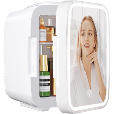 YASHE Skincare Fridge Mini Fridge for Bedroom with Dimmable LED Mirror, 4Liter/6 Cans Cooler and Warmer for Makeup, Cosmetic, Beauty, Portable Refrigerator for Bedroom, Vanity, Office and Car- White