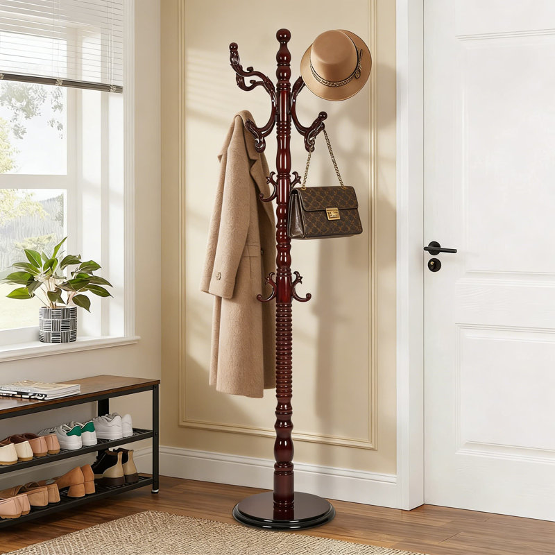 Portemanteau autoportant en bois avec 14 crochets, hauteur réglable de 37 à 73 pouces, base ronde robuste pour la chambre à coucher, le salon, l'entrée et le couloir