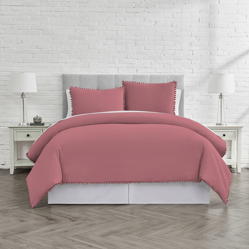 Pom Pom Oversized Microfiber Duvet Cover Set by Southshore Fine Linens, Full/Queen Duvet Cover + 2 Queen Shams, Rose