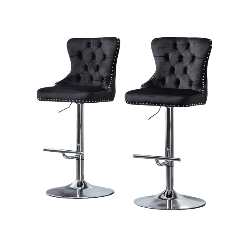 Tabouret pivotant moderne, tabouret réglable en hauteur avec dossier haut, capitonné, repose-pieds argent et garniture cloutée, ensemble de 2
