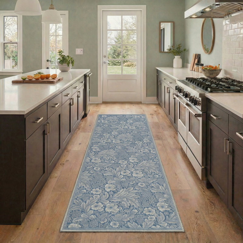 Floral Foliage Machine Washable Celestial Blue Indoor Area Rug With Non-Slip Backing, Runner 2' x 7'