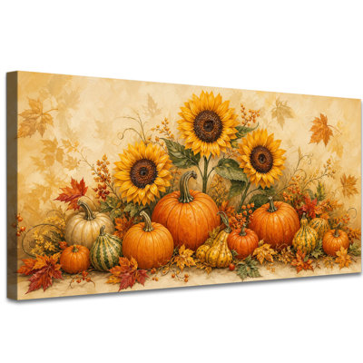 Tournesol, citrouille, récolte, art mural, automne chaud, décoration murale pour le salon, la cuisine, la salle à manger, la toile tendue tendue avec châssis, prête à être suspendue, 20 po x 40 po