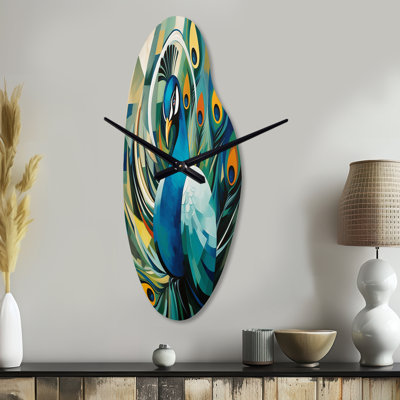 Green Blue Peacock Cubist Peacock Cubism - Curved Modern Metal Wall Clock, Asymmetrical Wall Clock Print