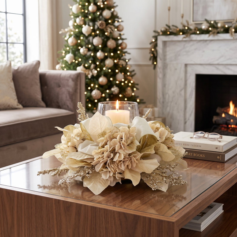 Holiday Candleholder with Hydrangeas and Leaves