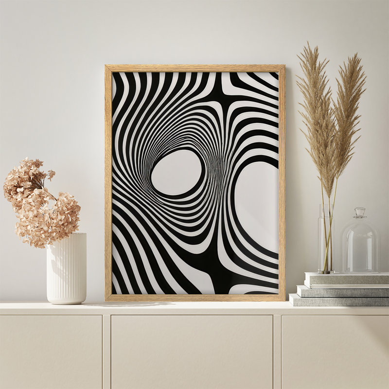 Art mural noir et blanc illusion optique encadrée - Lignes abstraites audacieuses avec flux dynamique, H 14 po x l 11 po