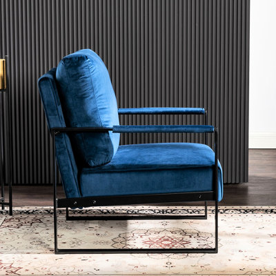 Chaise d'appoint en velours bleu, style Mid-Century moderne avec structure en métal pour le salon, la chambre à coucher, chaise de bureau pour la chambre à coucher en velours, structure robuste