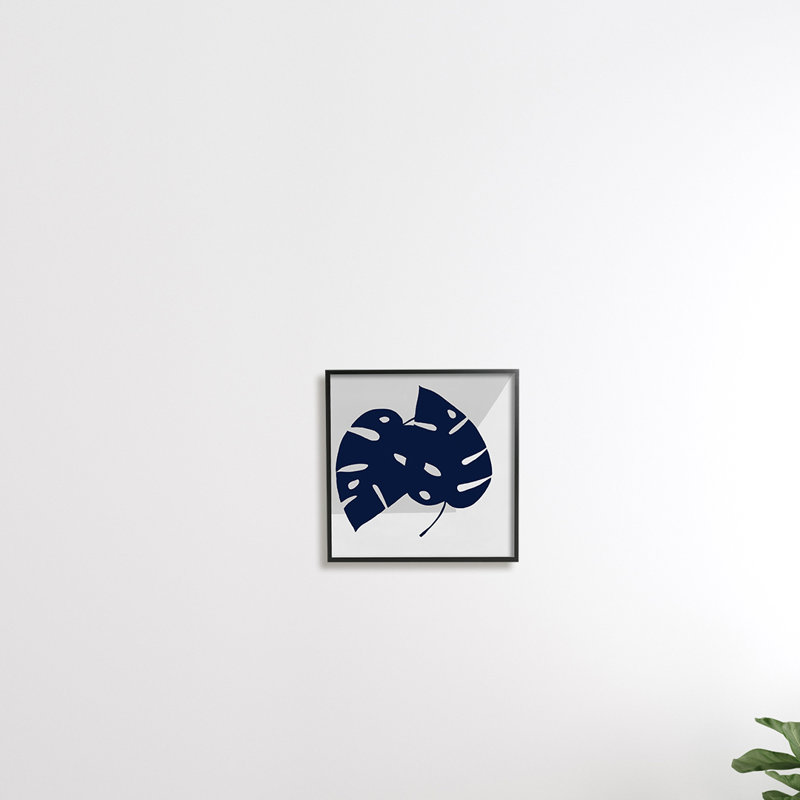 White Framed Blue Monstera Leaf Geometric Wall Art, 12" x 12"