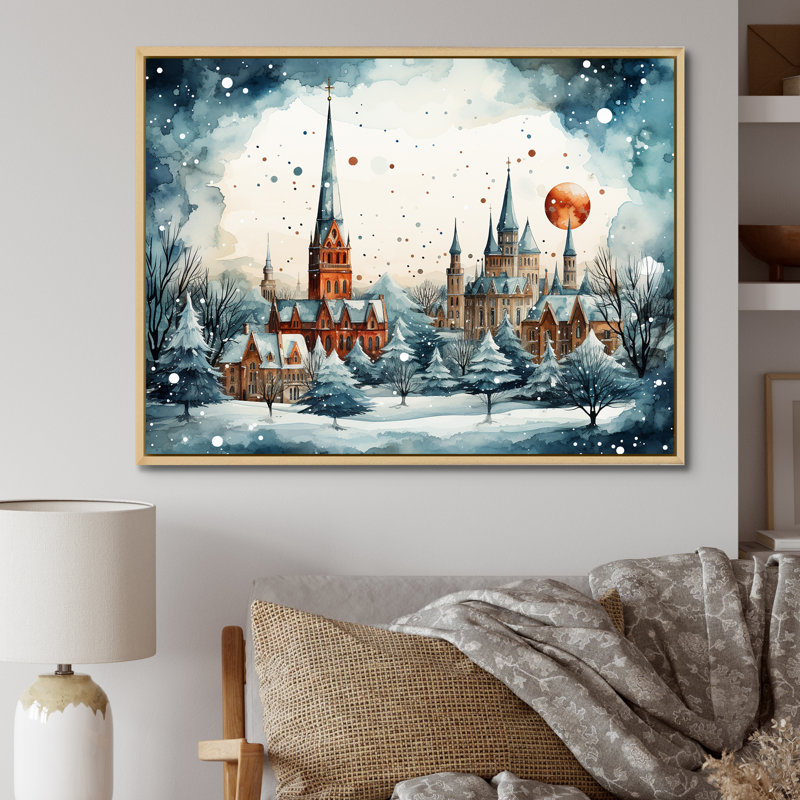 «Christmas Village In Winter II - Winter Landscape», art mural, Cadre flottant brun, H 16 po x l 32 po x P 1 po