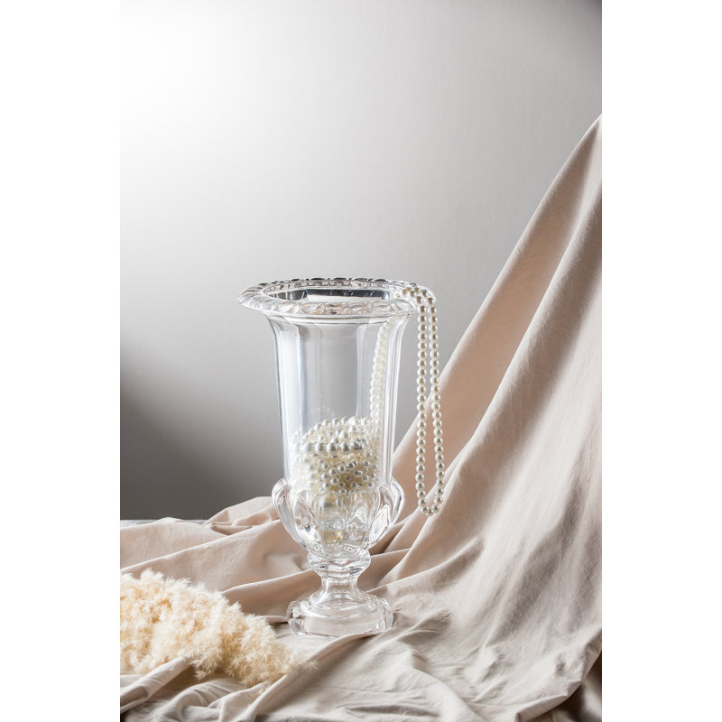 15” Clear Glass Pedestal Vase with Ornate Design, Crystal-Inspired Home Accent for Mantel, Tabletop, or Centerpiece Display