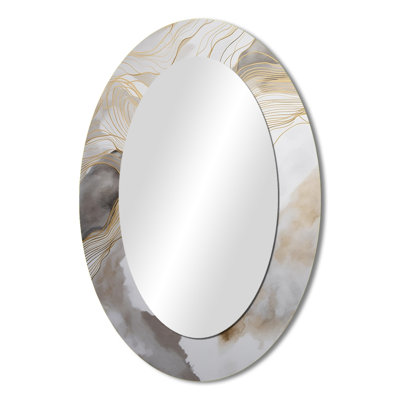 Gold And Grey Abstracted Line Artistry V - Large Oval Wall Mirror On Metal