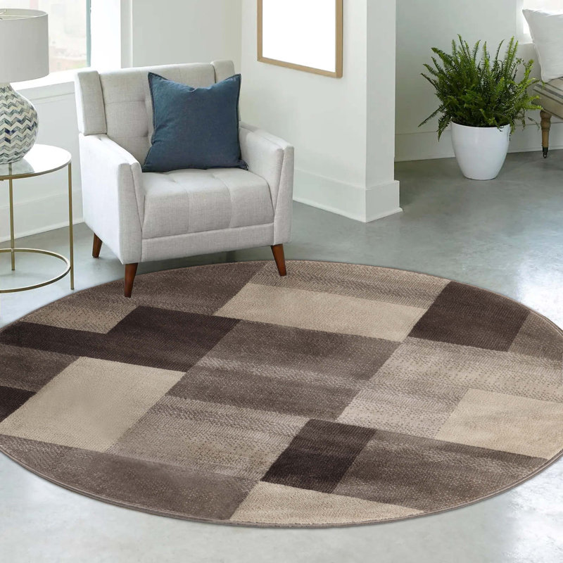 Tapis intérieur beige en polypropylène à blocs de couleur Benne avec envers en jute, Rond 8 pi