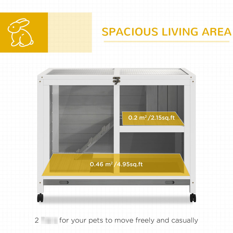 Cage à lapin compacte avec roues transportables - Imperméable, roues intérieures grises, bureau et table d'appoint. Bois imperméable pour 1 ou 2 lapins nains. 36 po x 21 po x 28,75 po. Mouvement simple
