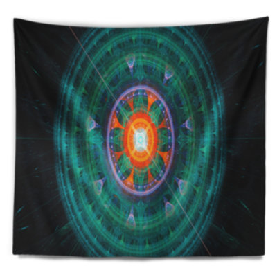 Tapisserie abstraite à motif de sphère fractale turquoise cabalistique
