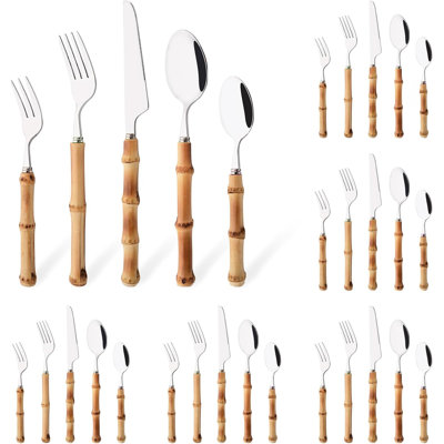 Ensemble de couverts 30 pièces en bambou, coutellerie en acier inoxydable pour 6 personnes, vaisselle polie pour la maison, le restaurant et la fête