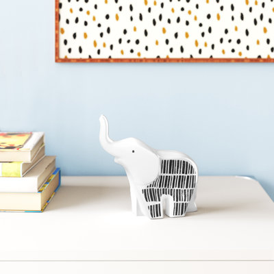 7" Ceramic Elephant Sculpture Contemporary White and Black Elephant Statue for Home or Office Decor