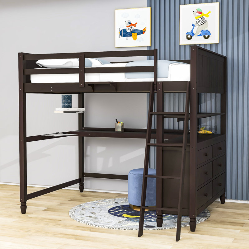 Gibrian Full 6 Drawers Wood Loft Bed with Built-in-Desk and Shelves by Harriet Bee, Espresso