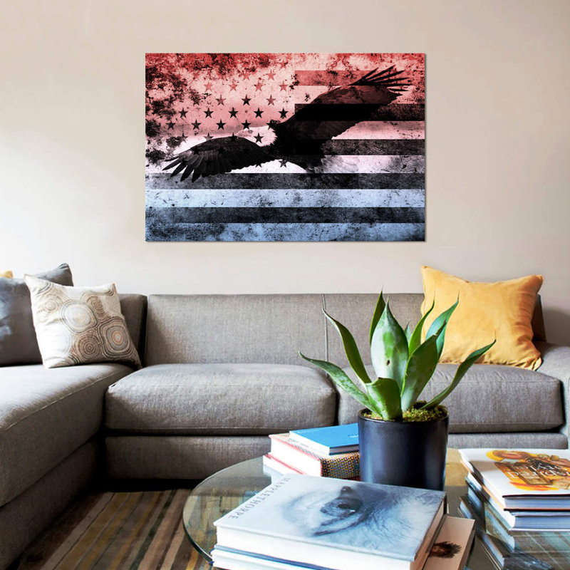 USA "Melting Film" Flag (Bald Eagle) - Print on Canvas, 66.04 cm H x 45.72 cm W, Brown Floater Framed