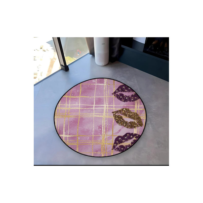 Pink Plaid Gold Lip Lipstick Patterned Detailed Woven Base Modern Decorative Carpet, Round 5'