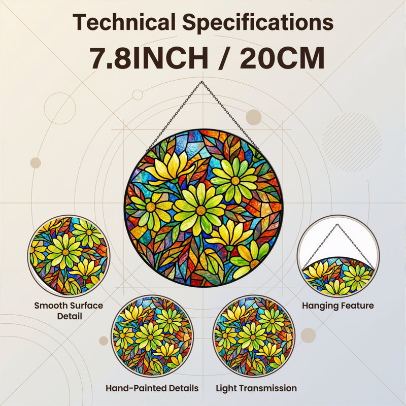 Vitrail de vitrail floral 7,8 po H, H 7,8 po x l 7,8 po