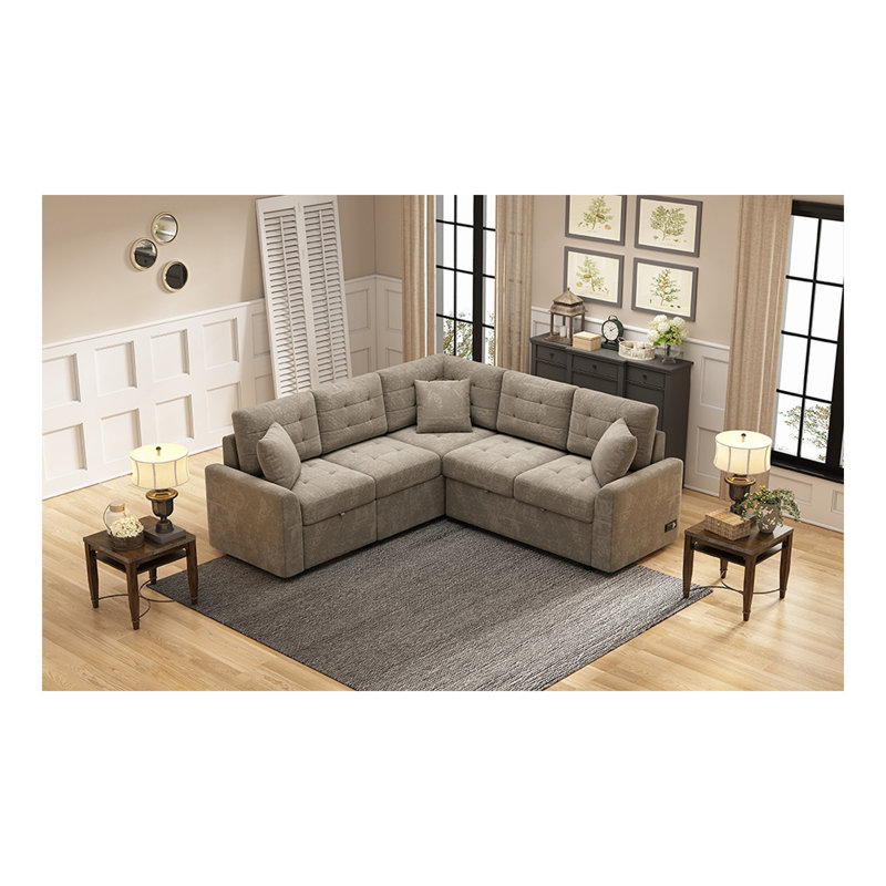 Canapé-lit escamotable en forme de L 82,6 po avec roulettes, ports USB, prises de courant pour le salon, kaki