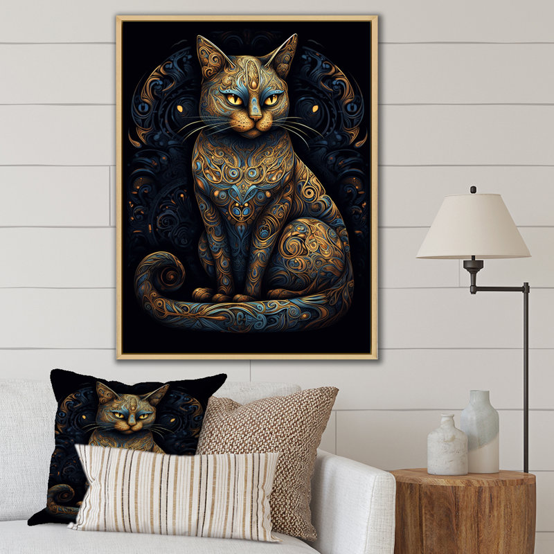 Chat doré bleu glamour rétro, Cadre naturel flottant, H 32 po x l 24 po x P 1 po