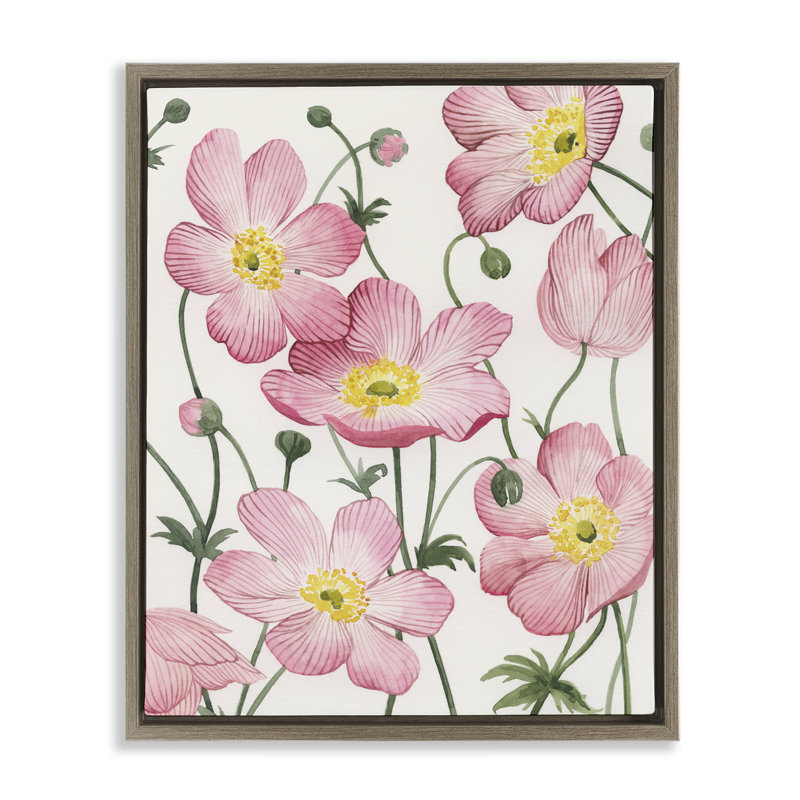 Toile flottante avec anémones roses douces, conception de Grace Popp, H 21 po x l 17 po, Cadre flottant orme Montalcino