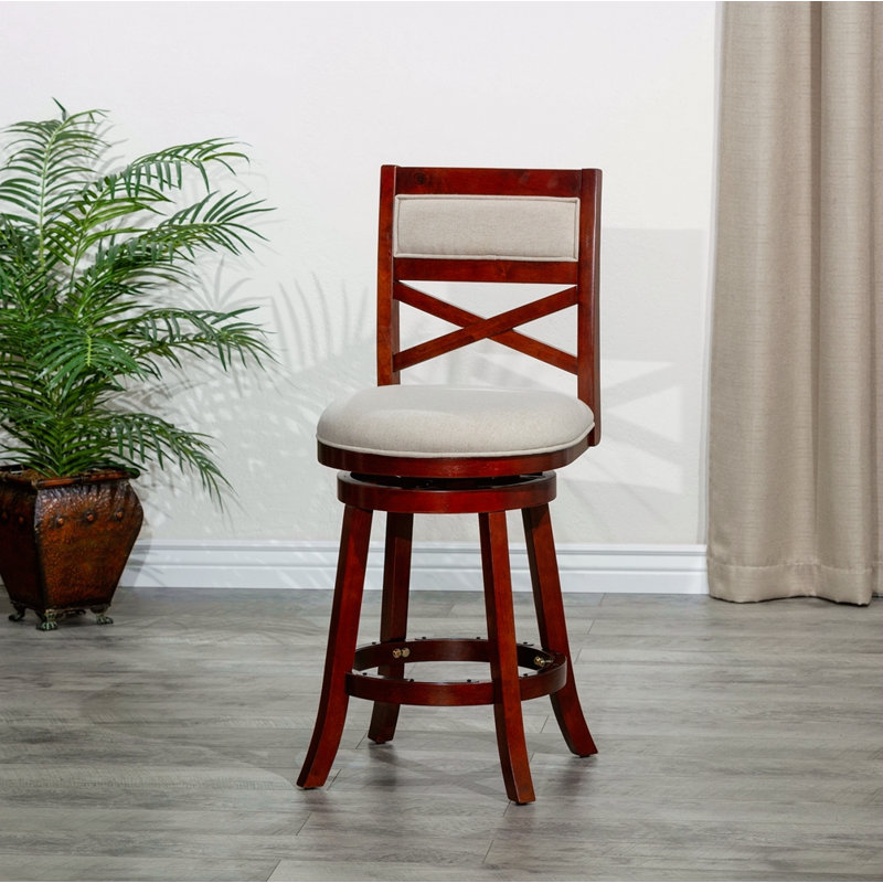 Tabouret pivotant à dossier en X de 24 po de hauteur comptoir, finition cerisier, siège en tissu beige, Brun, Beige