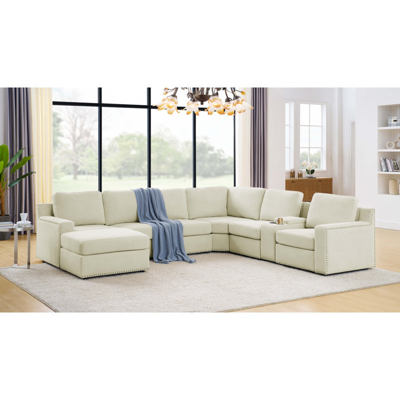 Akshada Upholstered U-Shaped Sectional Reversible, Beige Polyester Blend