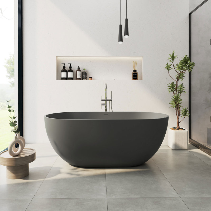 Ryder 59" x 30" Freestanding Soaking Stone Resin Bathtub, Matte Gray