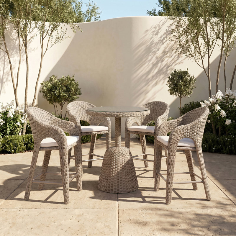 Table de patio d'extérieur en verre trempé et comptoir en osier 36 po Horvath, Taupe