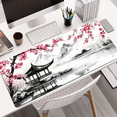  Rubber Mouse Pad, Smooth Microfiber Surface, Non-Slip Base, Rounded Edge Decorative Mouse Mat for Office & Gaming,12×32 Inch ,Pink Ink Lake Pavilion