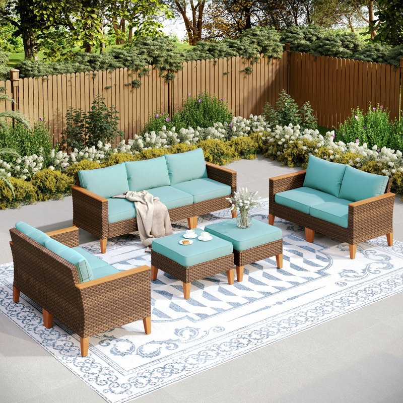 Argyri 9-Piece Wicker Outdoor Patio Conversation Furniture Sectional Set with Fire Pit Table, No, Blue