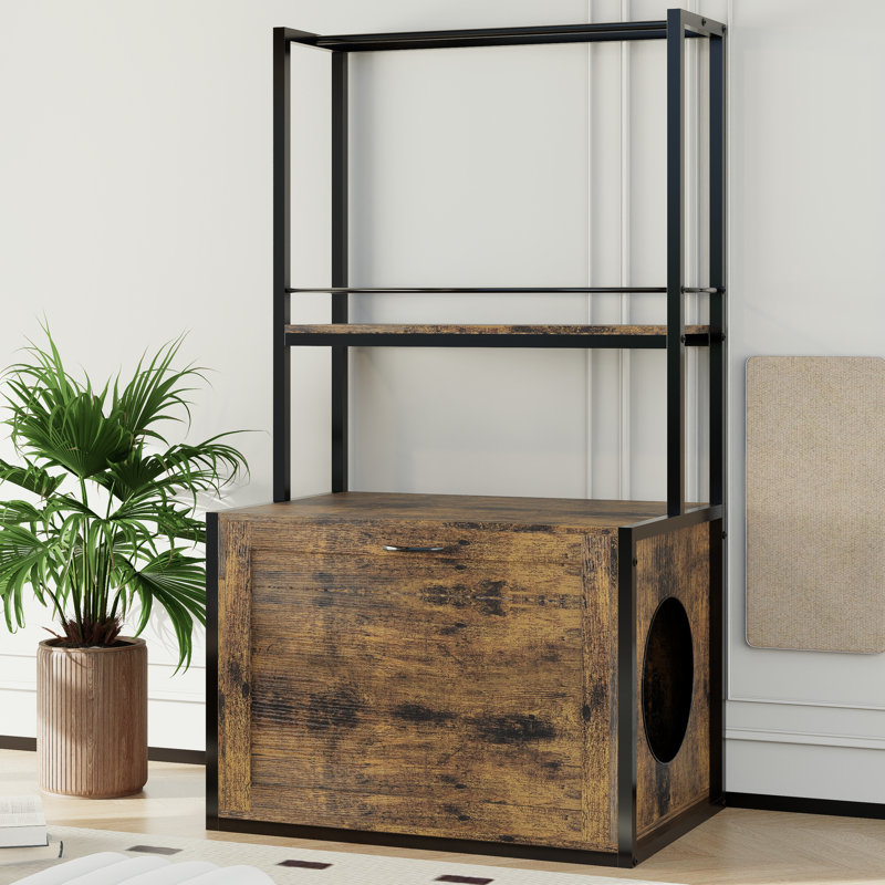 Armoire à litière rustique pour chat brun avec tige de séchage et espace de rangement pratique